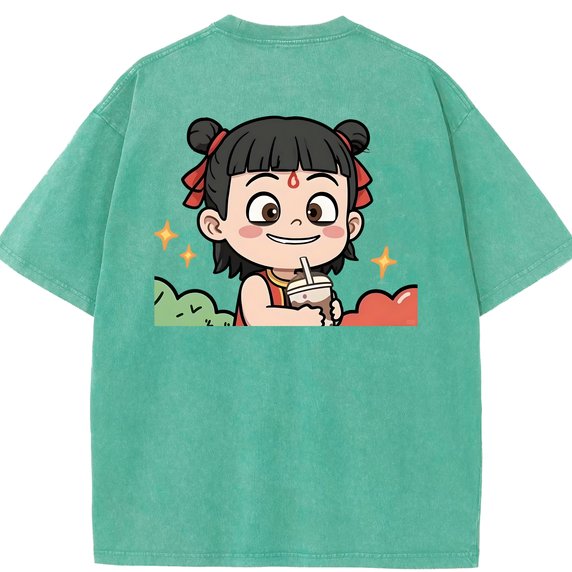 （画像用） Ne Zha 2 ナタ 魔童の大暴れ 綿100% ヴィンテージ風 半袖Tシャツ（背面プリント）